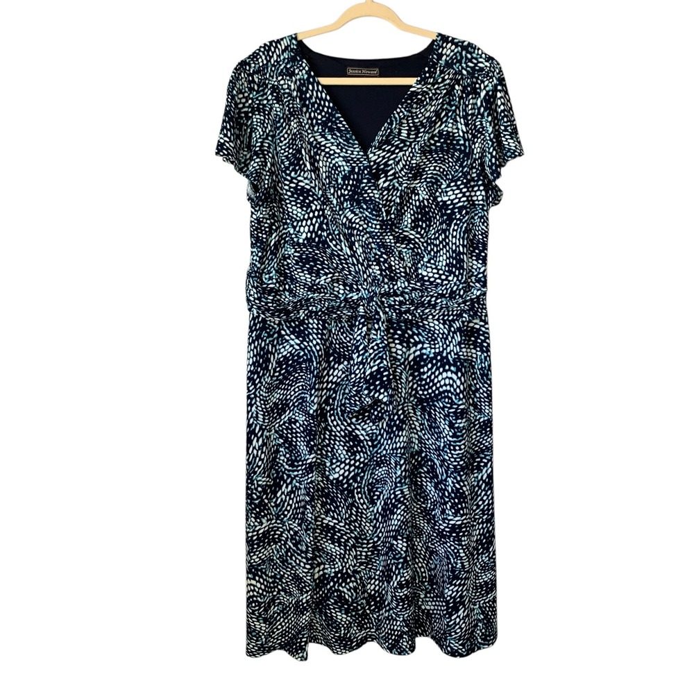 Jessica Howard blue abstract‎ dot pattern vneck dress flutter sleeve. Size 16